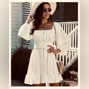 DOKOTOO White Chif-fon Dress Flowy With Ruffle Hem |Bow De-tail NWT Gorgeous!